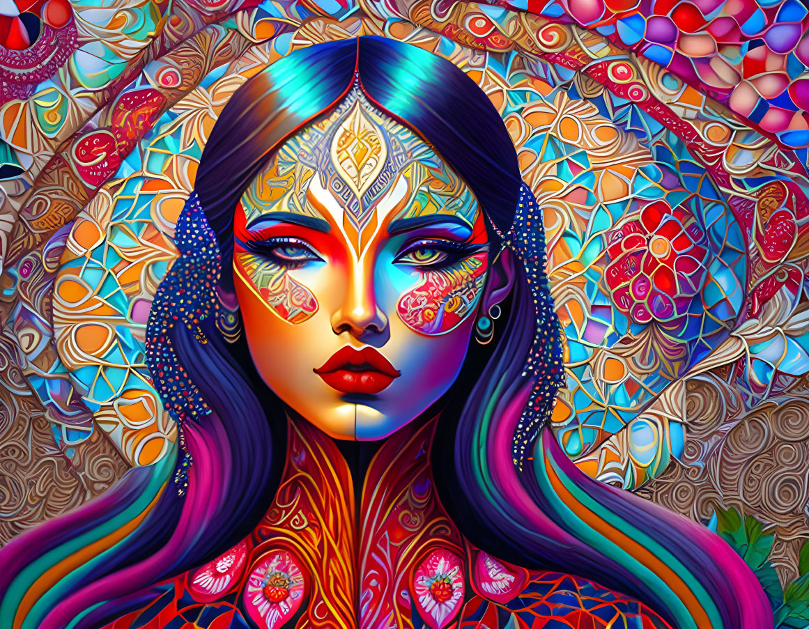 Colorful woman portrait with intricate designs on face against mosaic background