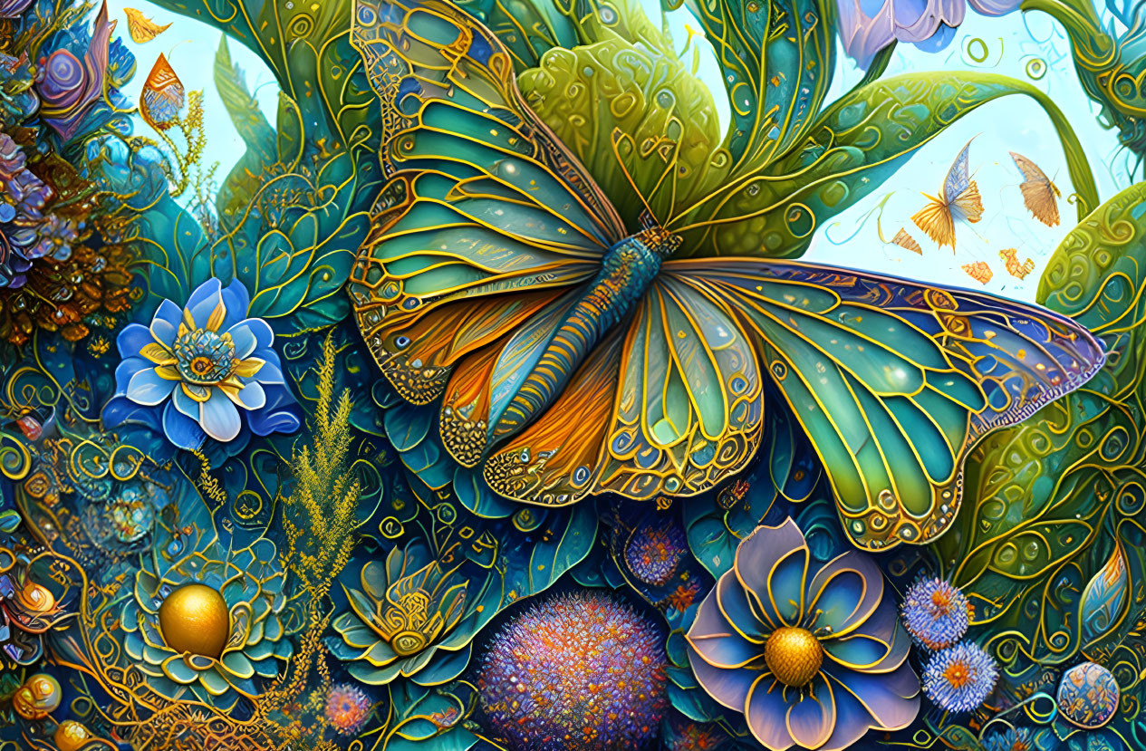 Detailed butterfly illustration with colorful patterns and stylized flowers in fantasy setting