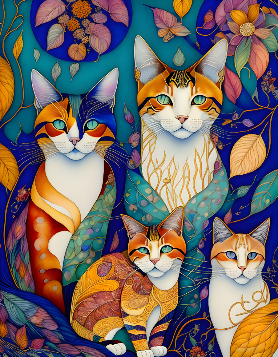 Colorful Stylized Cats Surrounded by Leaves and Flowers on Blue Background