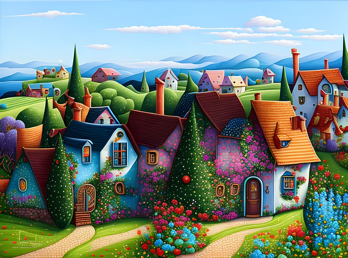 Vibrant landscape with stylized houses and rolling hills