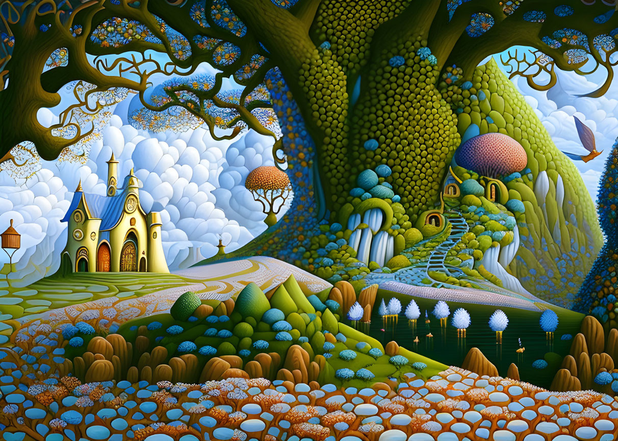 Whimsical landscape with golden castle and surreal trees