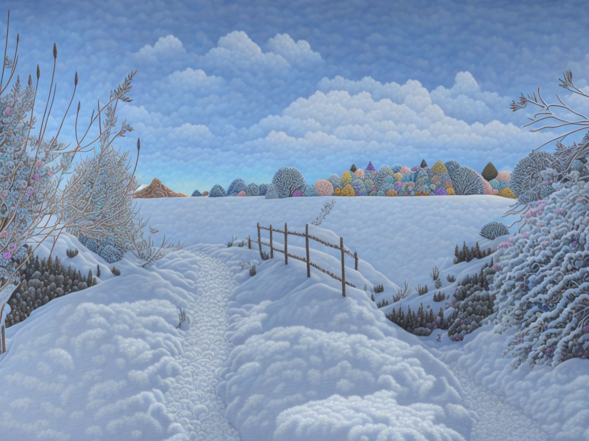 Snowy Winter Landscape with Wooden Fence and Frost-Covered Trees