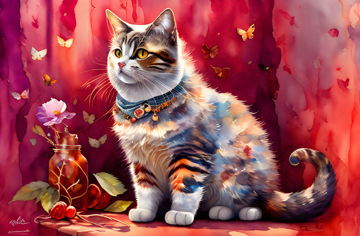 Colorful Tabby Cat Illustration with Blue Necklace and Butterflies on Red Background