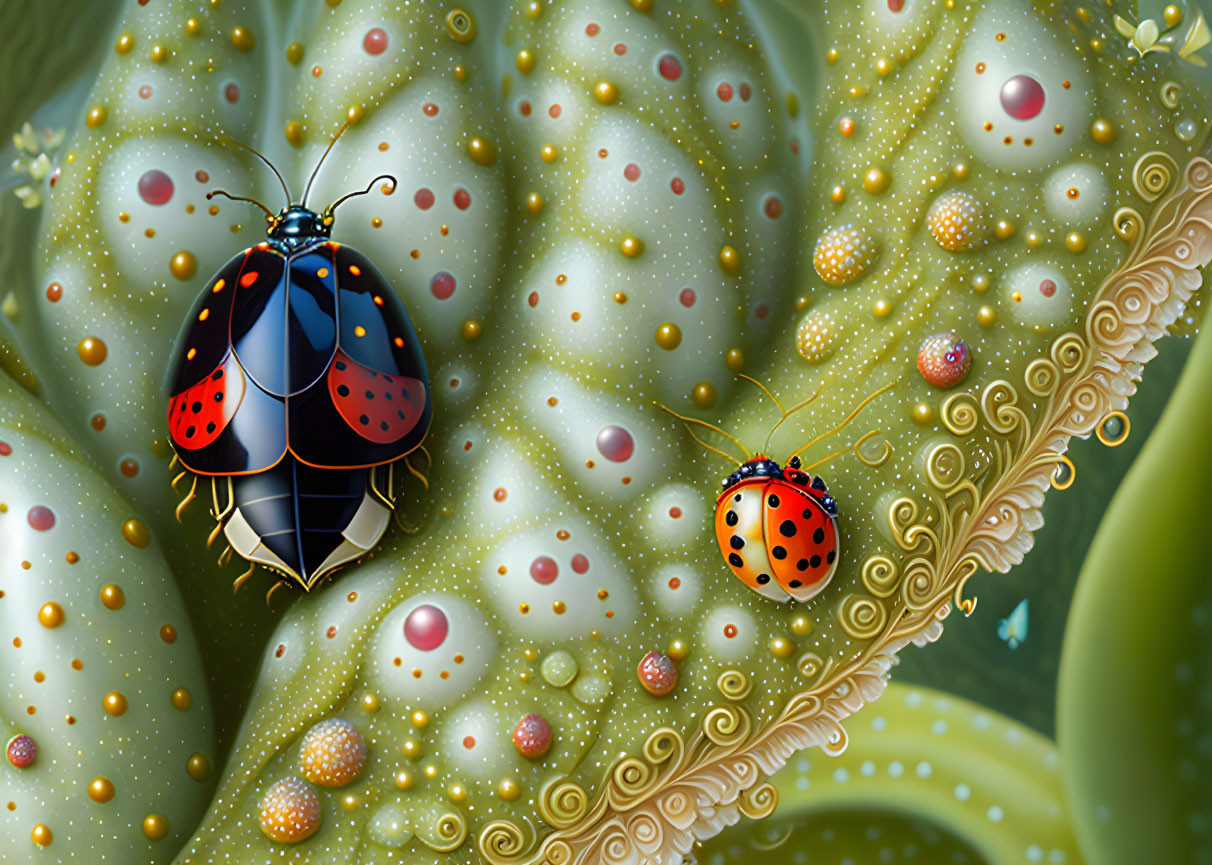 Stylized ladybugs with intricate patterns on a leaf with dewdrops