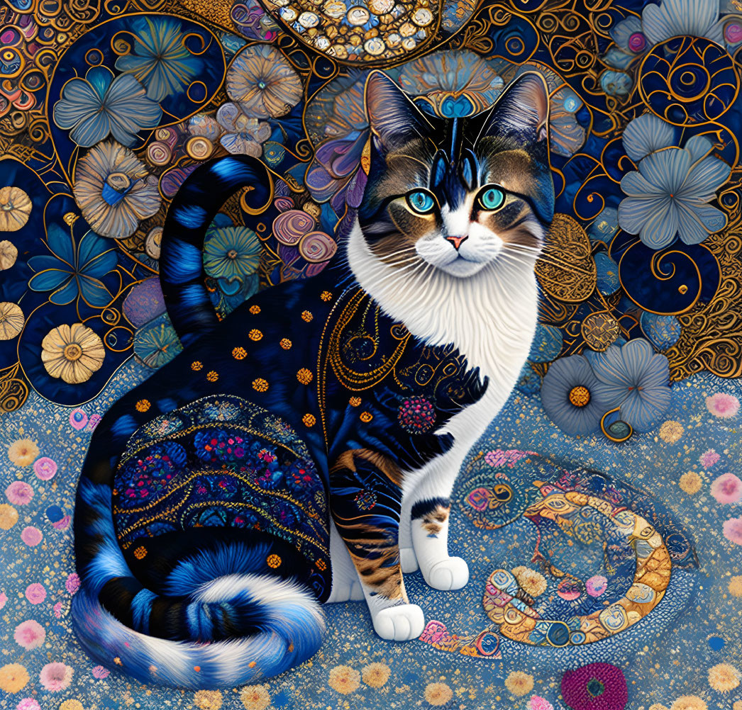 Colorful Cat Artwork with Floral Mosaic Background