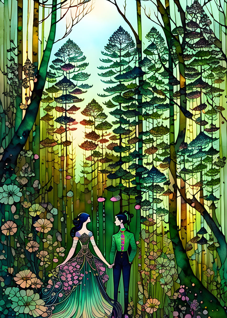 Illustration of couple in elaborate attire in vibrant forest with sunset