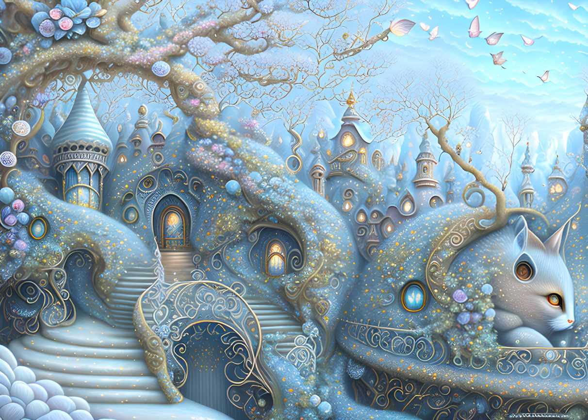 Fantastical cat-like creature in ornate castle environment