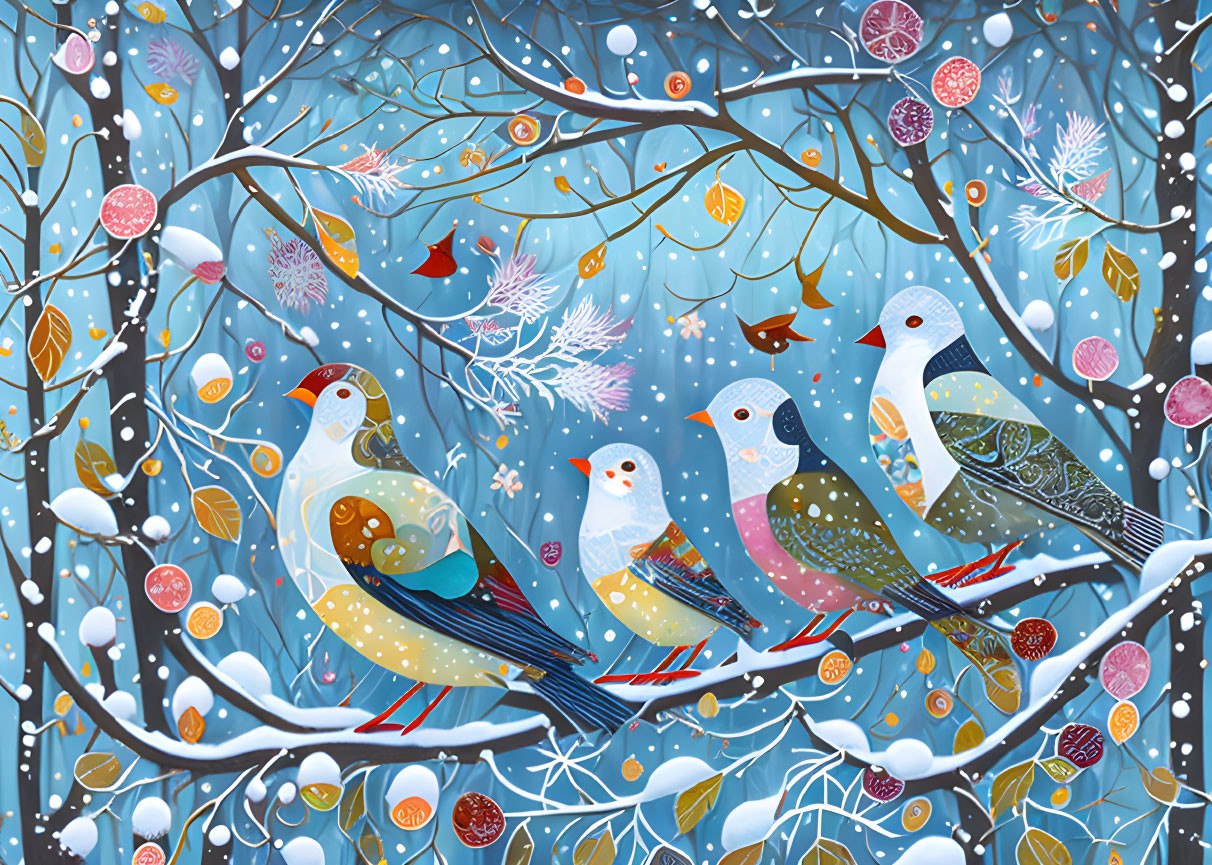 Stylized birds on snowy branches with falling snowflakes and colorful foliage on wintry blue backdrop