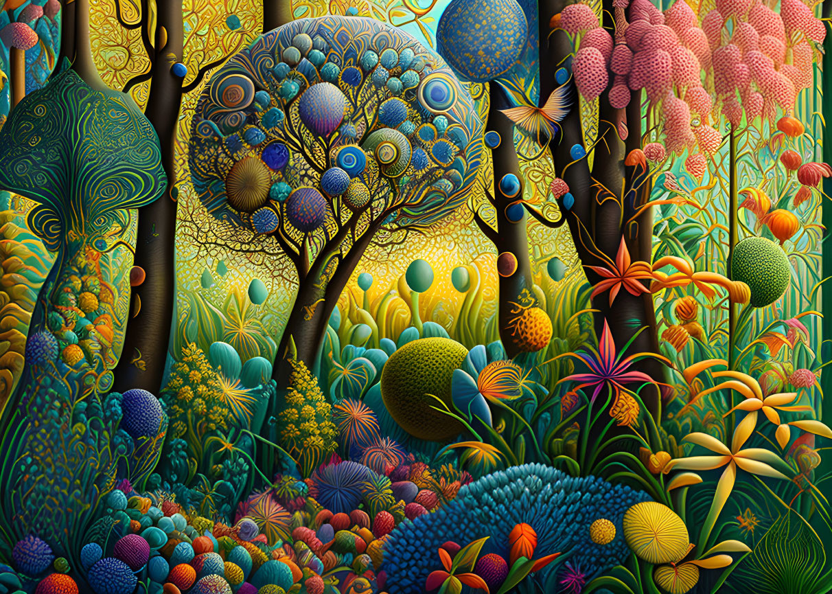 Colorful surreal forest with stylized trees and fantastical flora