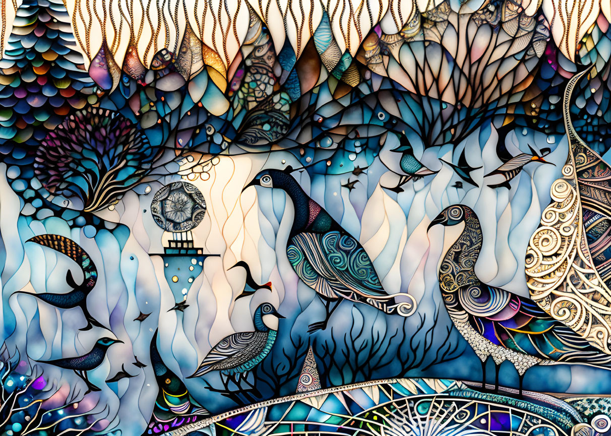 Colorful Artwork: Stylized Birds, Waves, and Ornate Patterns