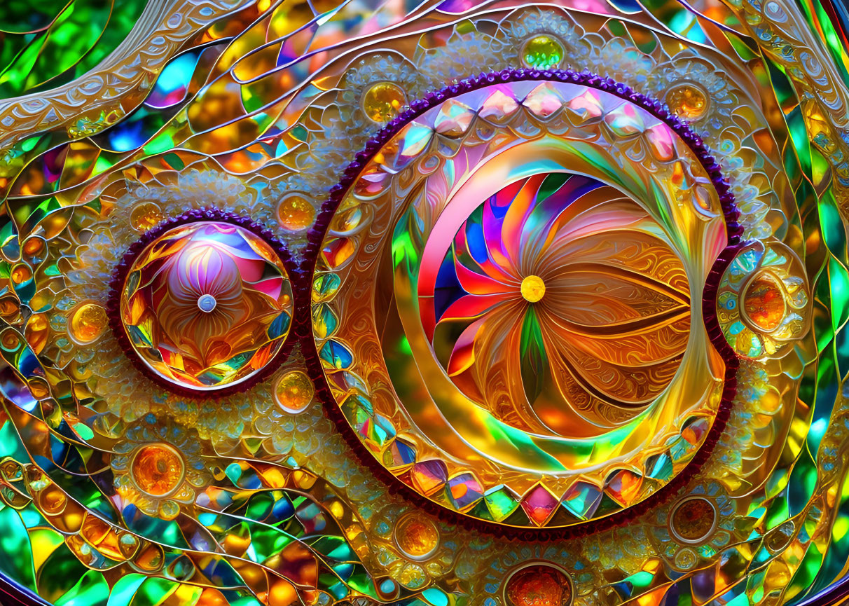 Vibrant fractal art with swirling shapes and glass-like spheres