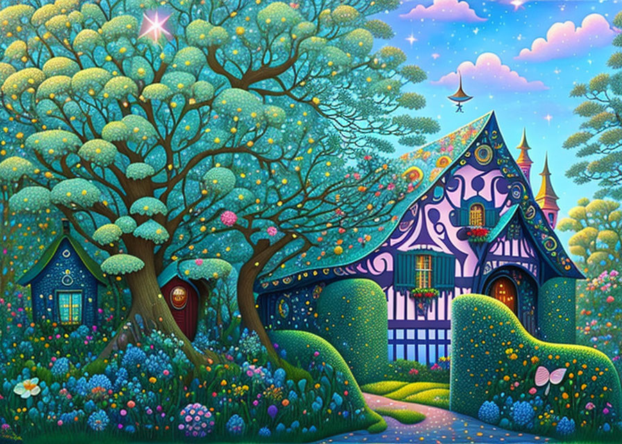 Colorful Fairy-Tale Landscape with Whimsical Houses & Starry Sky