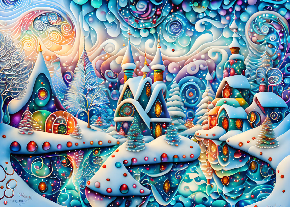 Fantasy snowy village with colorful buildings & swirling skies