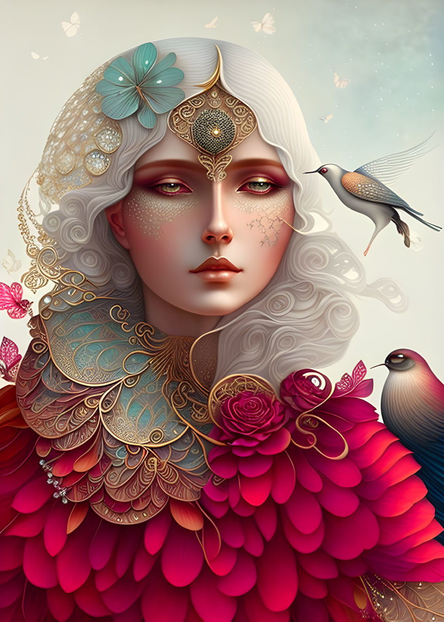 Illustration of woman with white hair, gold headpiece, feather & rose collar, with birds.
