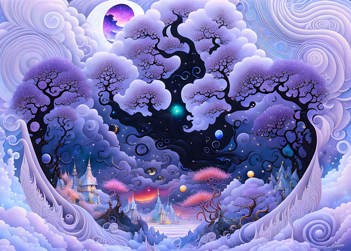 Fantastical landscape with purple trees, swirling clouds, castles, and starry sky in intricate