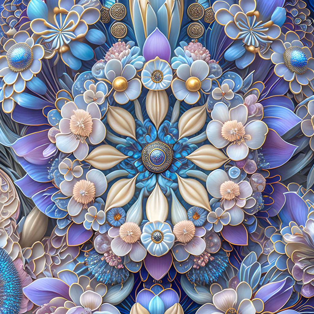 Symmetrical floral fractal design in blue, purple, and beige