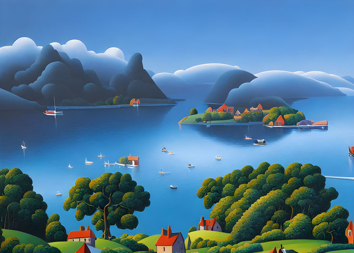 Tranquil seascape with boats, rolling hills, houses, and distant bridge under clear sky with