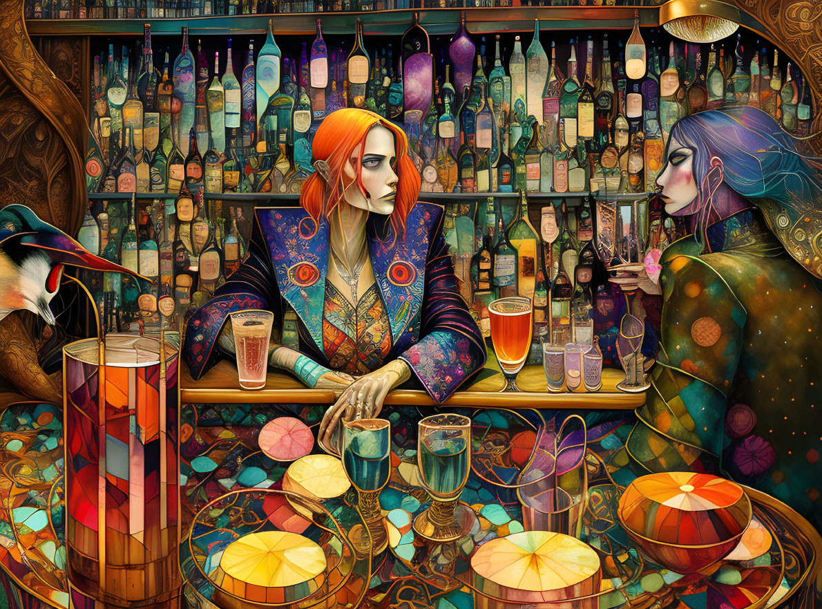 Colorful bar scene with stylized characters and vibrant glassware