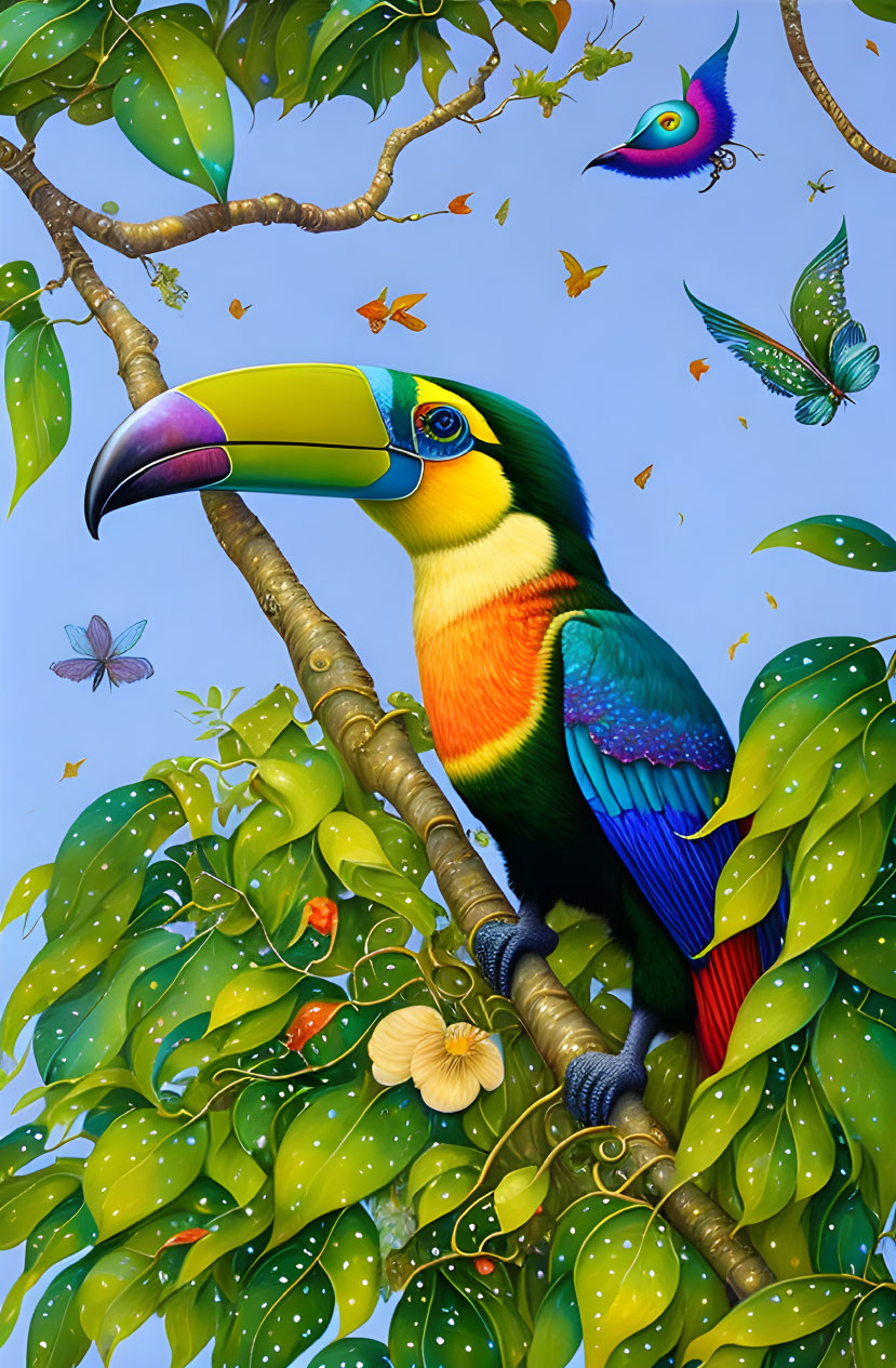 Colorful Toucan Perched Among Green Leaves with Butterflies and Small Bird