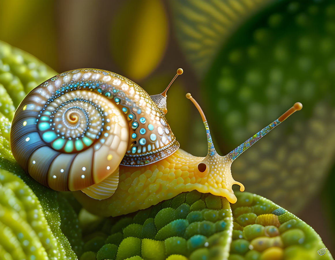 Colorful digital snail on textured green leaf with dewdrops