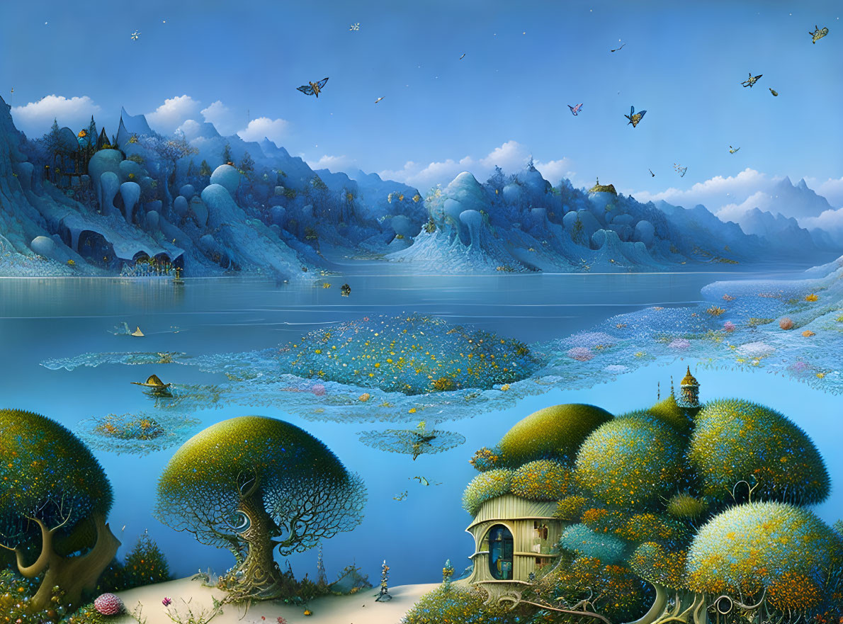 Fantasy landscape with whimsical structures, calm lake, creatures in blue and white palette