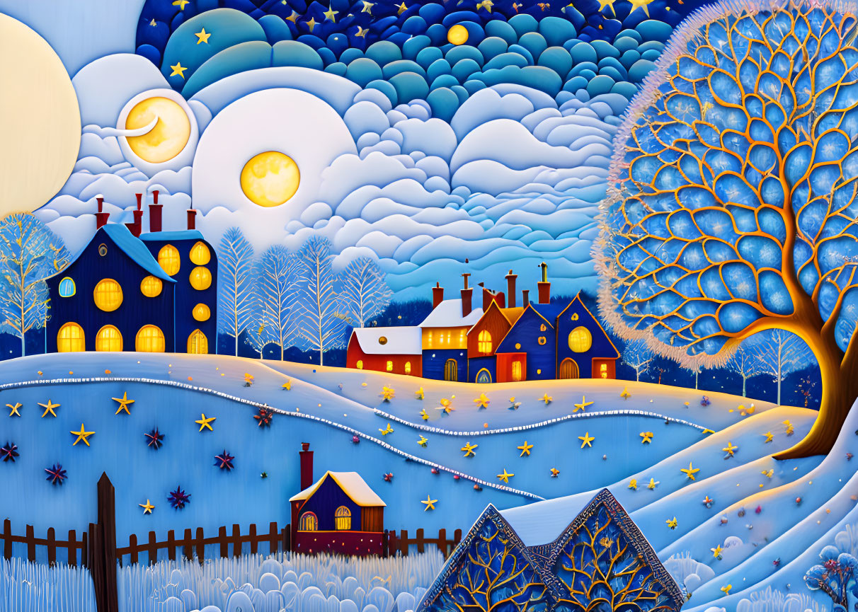 Colorful houses, striking tree, stars, moons, and clouds in whimsical landscape painting