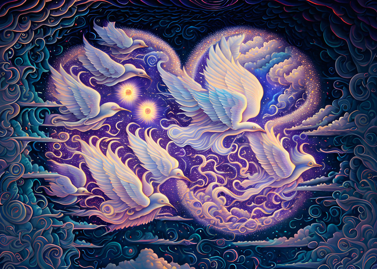 Colorful surreal artwork: doves, swirls, cosmic elements in heart shape