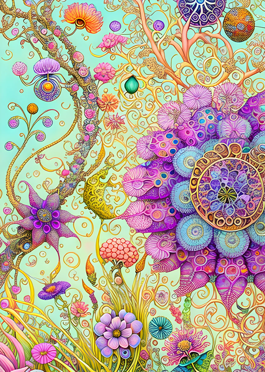 Colorful Psychedelic Artwork with Fantasy Flora and Fauna Patterns