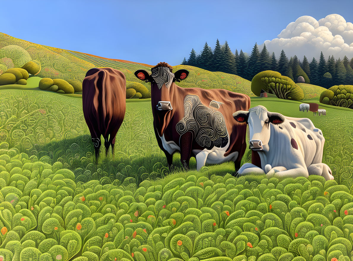 Stylized cows in whimsical field with coffee cup, hills, and plants