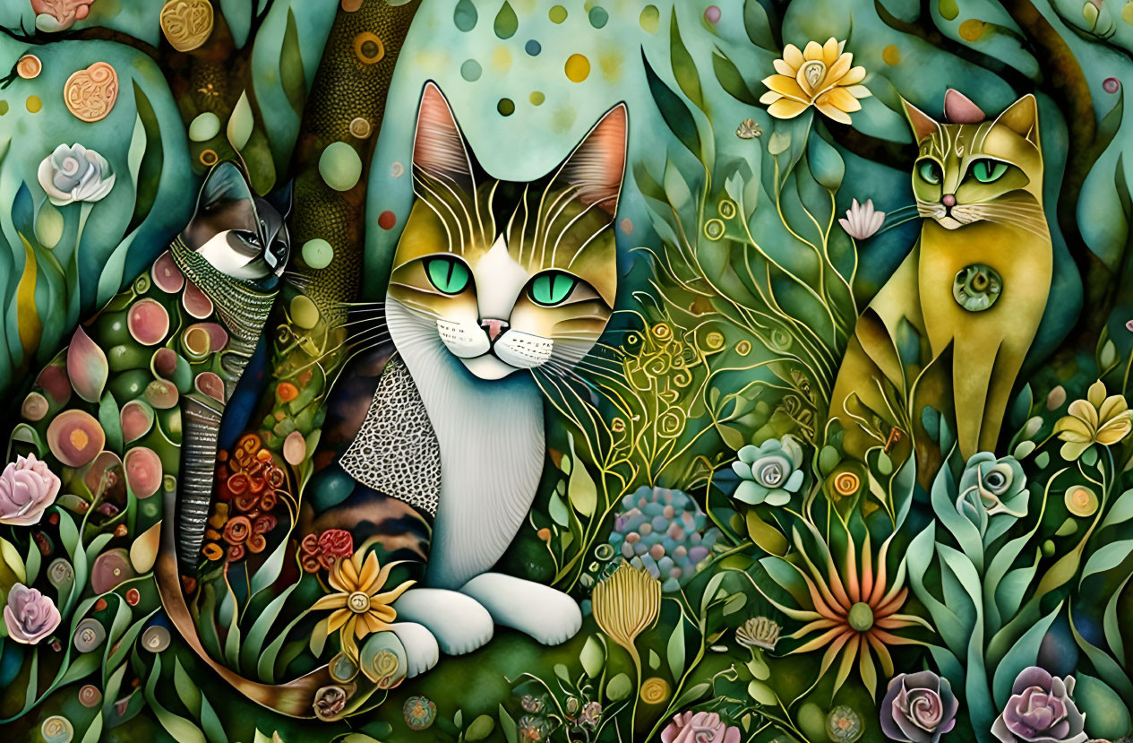 Stylized image: Two cats with human-like eyes in vibrant, intricate setting