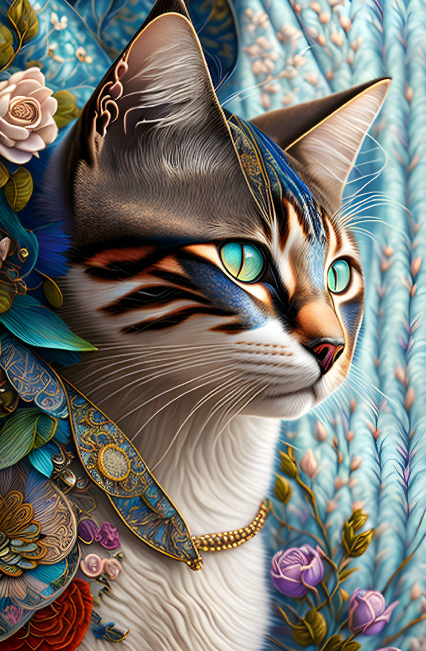 Detailed Cat Illustration with Blue Eyes & Ornate Fur Patterns