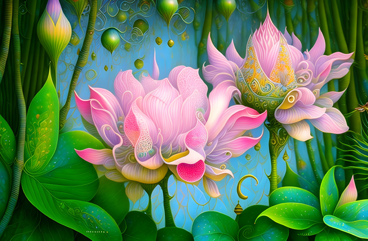 Stylized pink lotus flowers in vibrant digital art