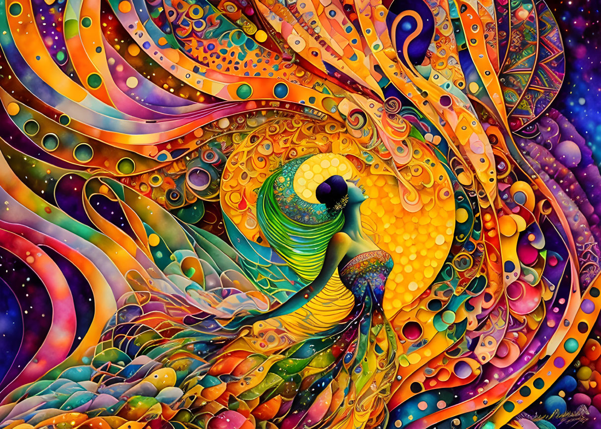 Colorful abstract peacock with vibrant feathers in oranges, yellows, and blues