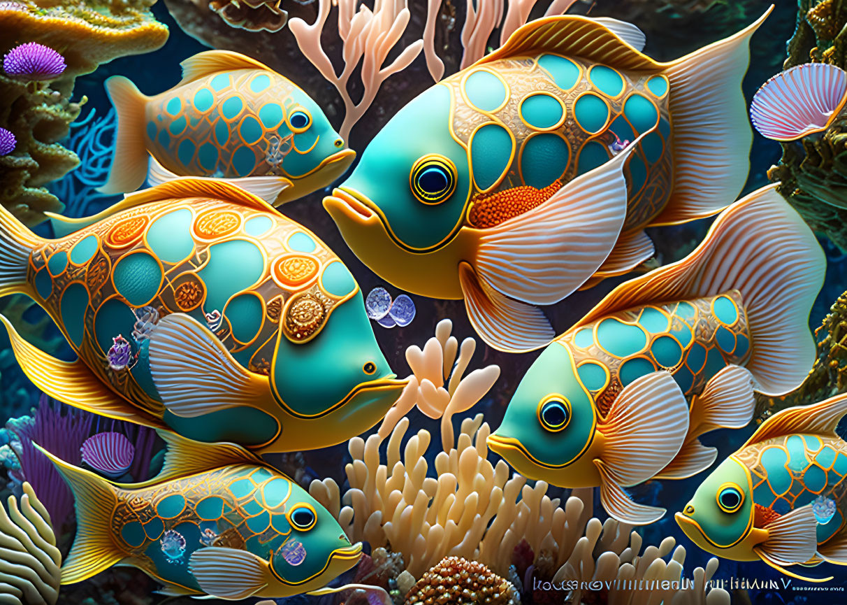 Vibrant Fish and Coral Reef with Orange, Blue, and Yellow Hues