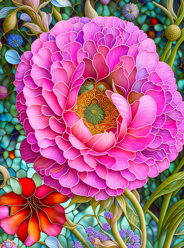 Detailed Pink Flower Illustration with Intricate Patterns and Rich Foliage