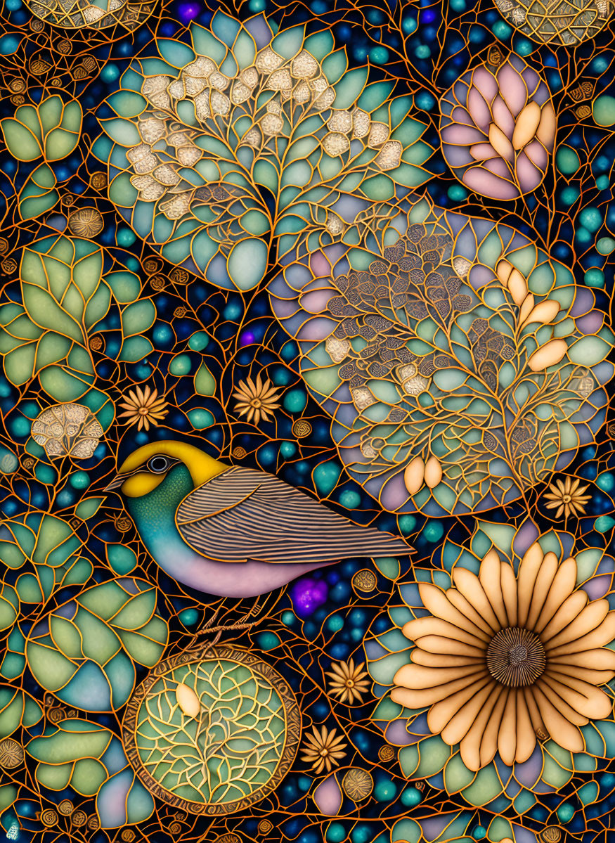 Colorful stained-glass style artwork: bird, flowers, ornate patterns in blue, gold,