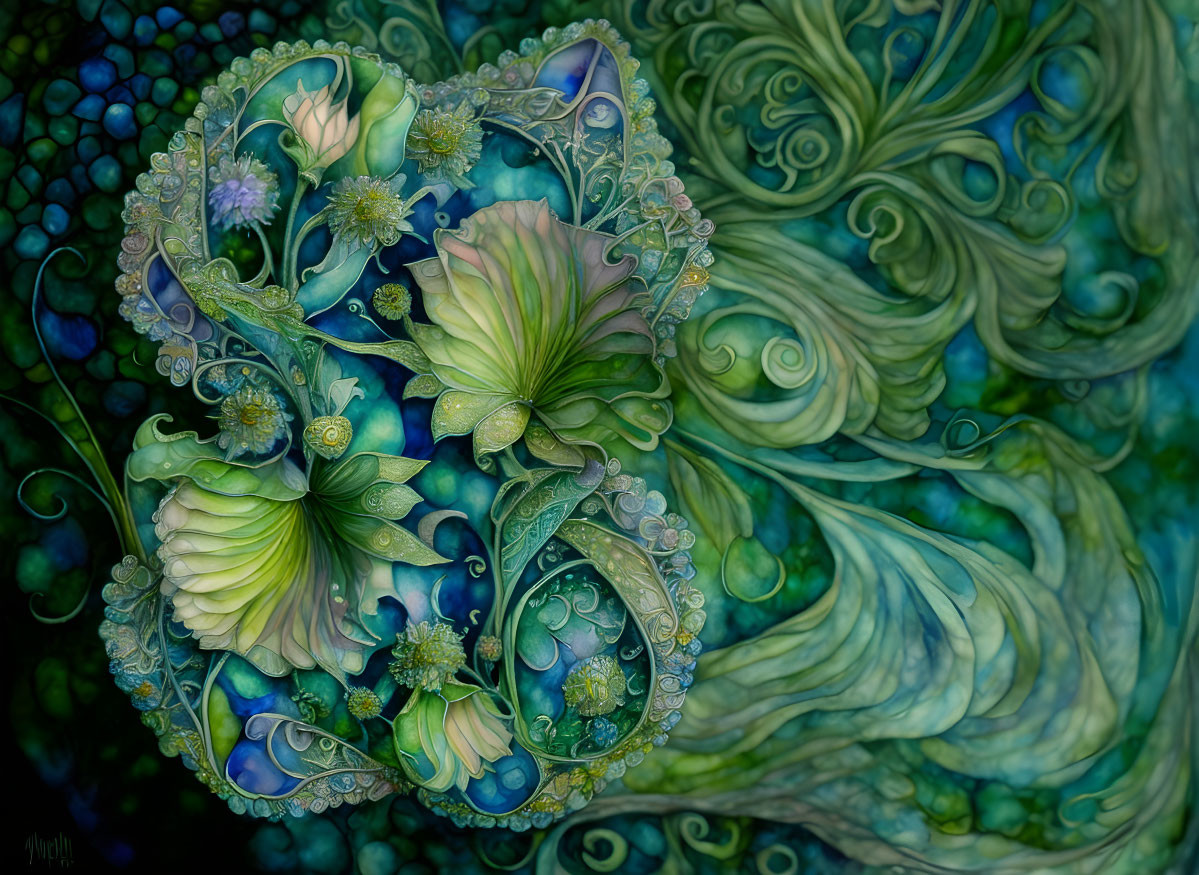 Stylized digital artwork of intricate green and blue floral patterns