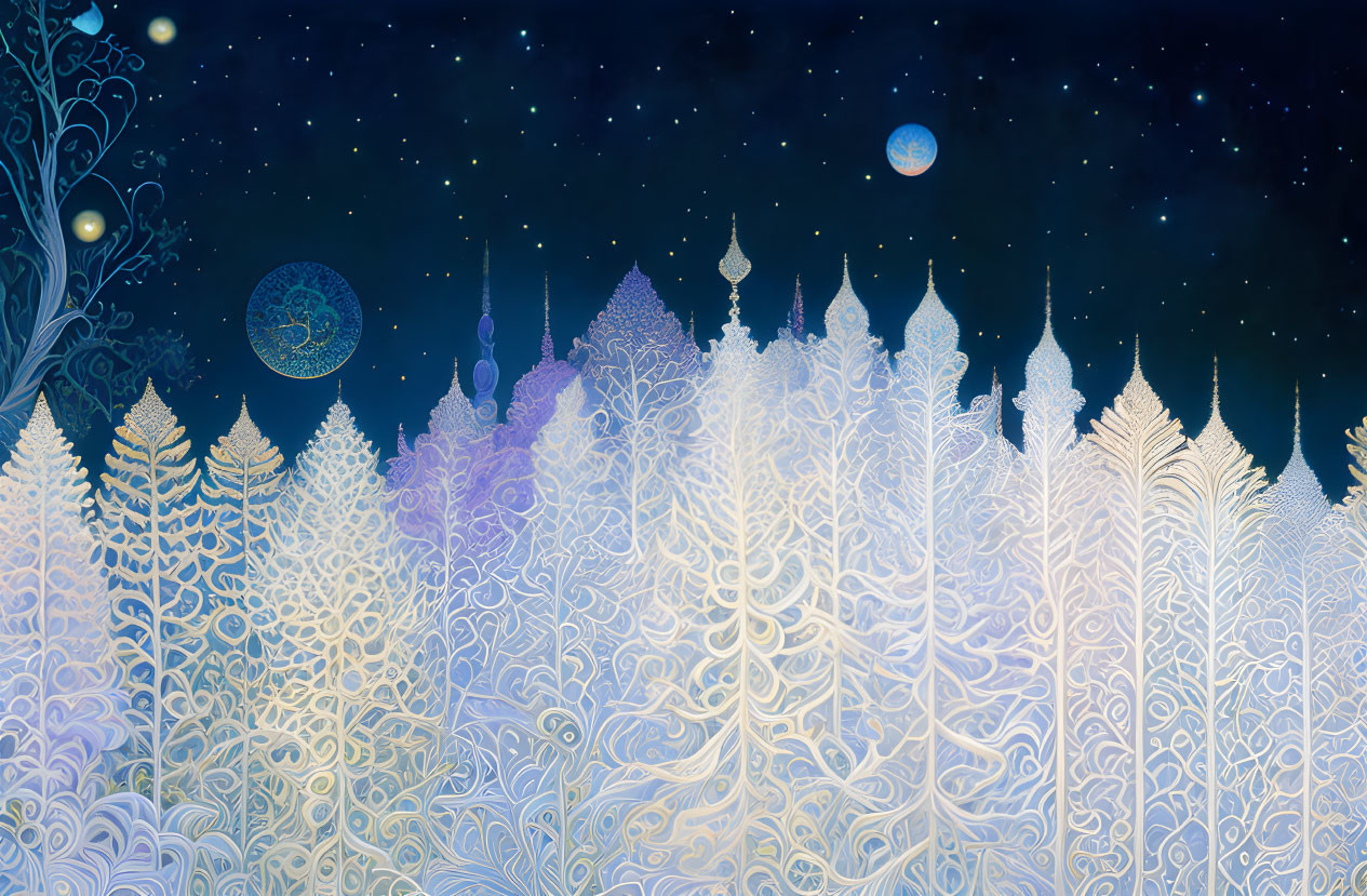 Fantasy landscape with stylized trees under starry night sky