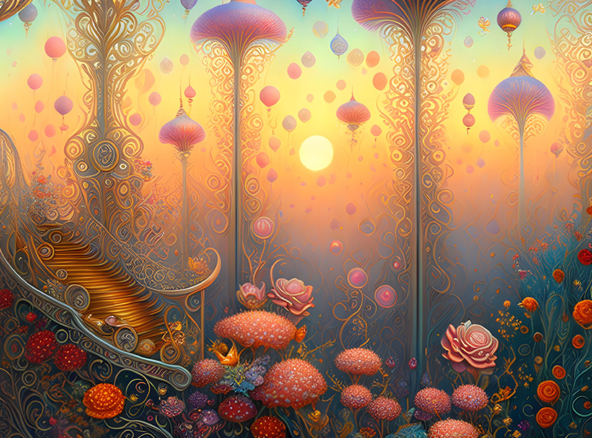 Fantasy landscape with whimsical mushrooms and floating islands