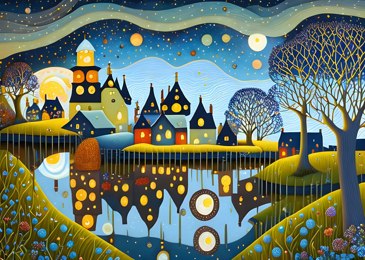 Colorful Night Village Illustration with Stars and River Reflection