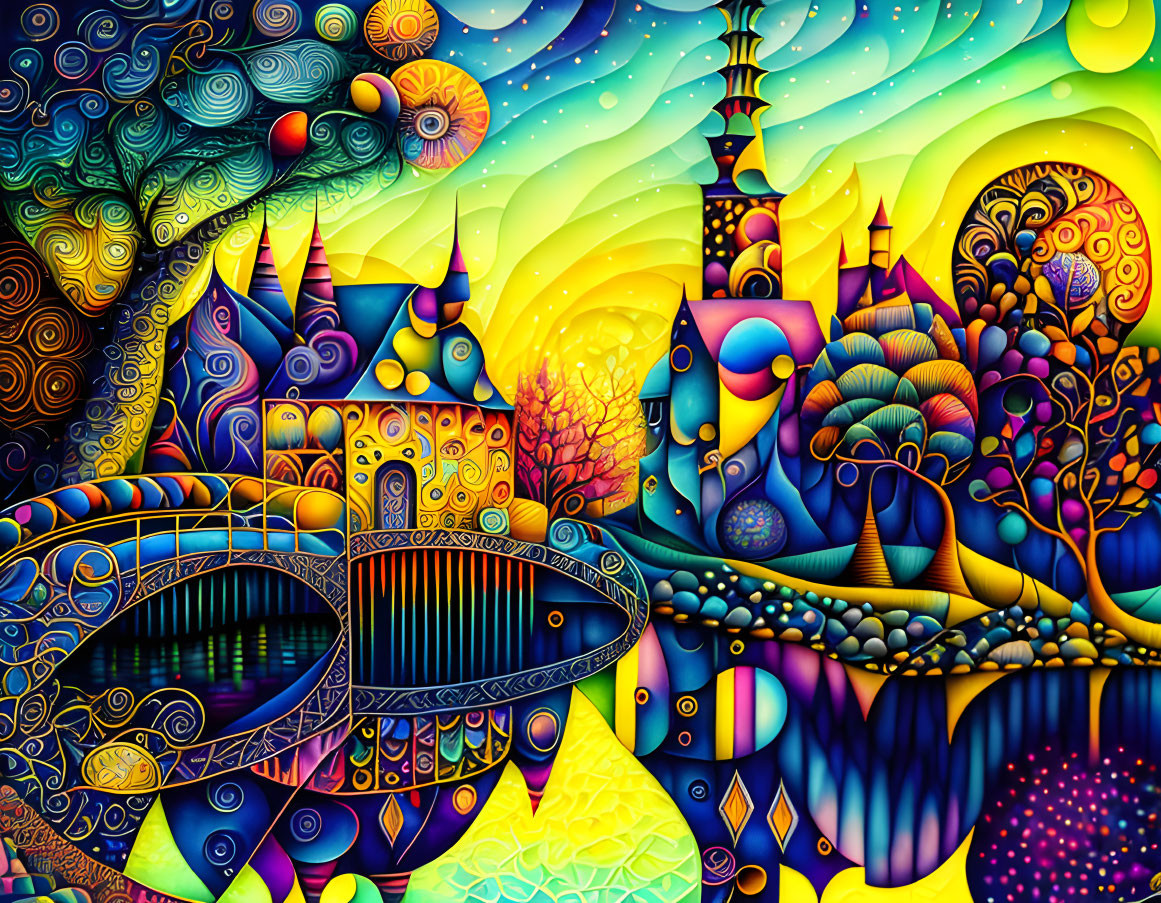 Colorful psychedelic landscape with whimsical structures and swirling patterns