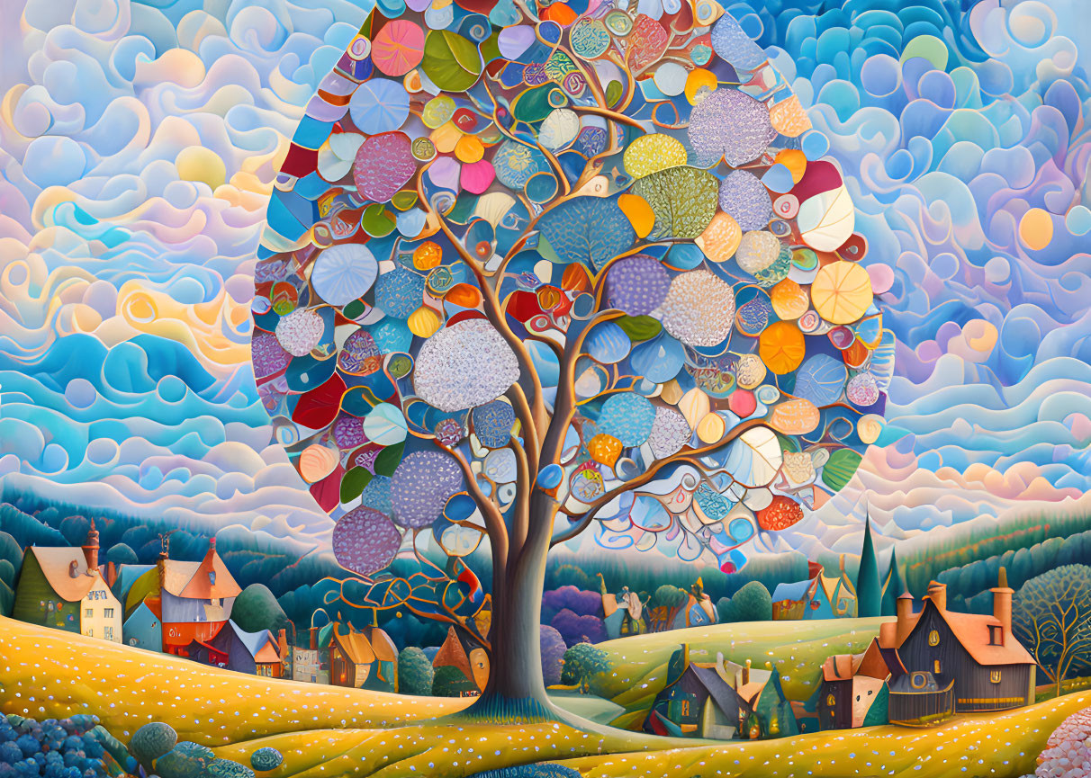 Whimsical tree painting with patterned leaves and vibrant landscape