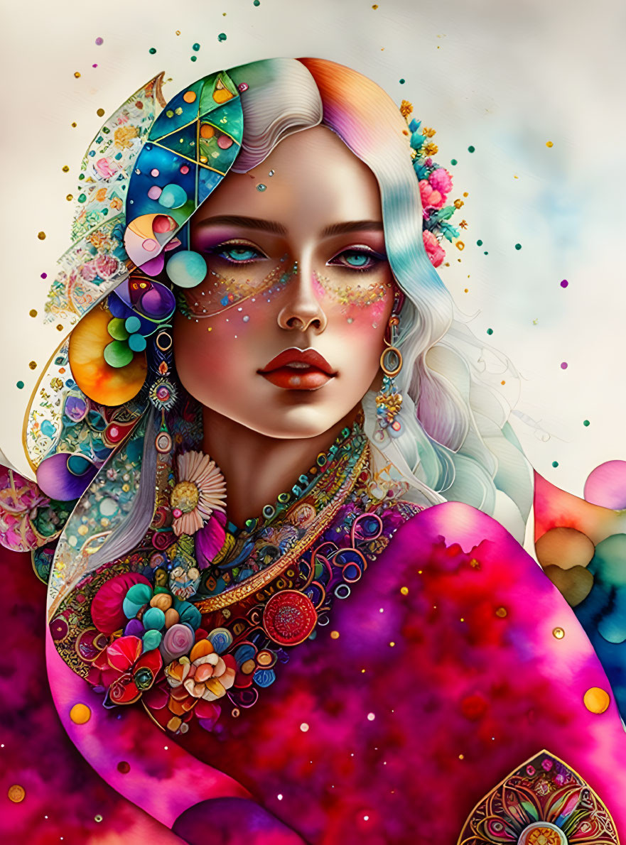 Colorful Portrait of Woman with Ornate Patterns and Jewelry