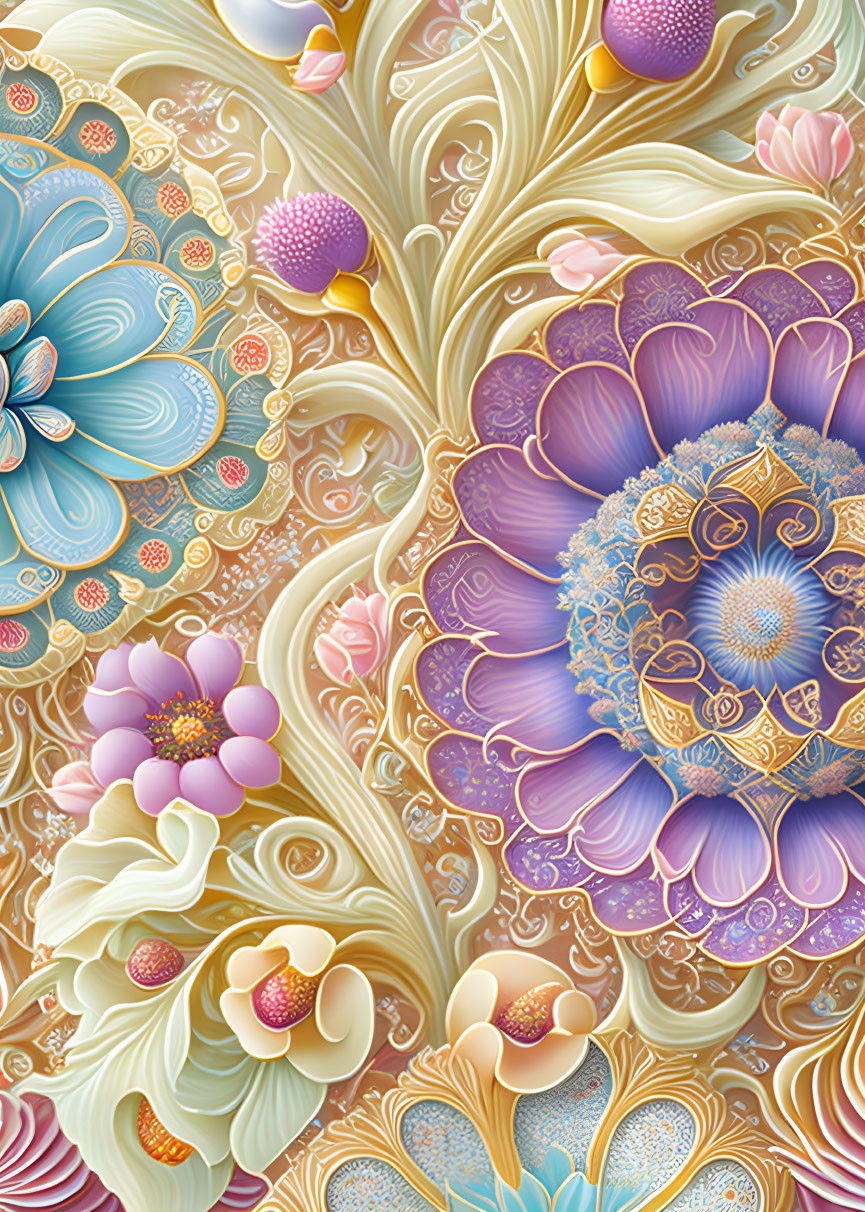 Detailed Floral Pattern with Vibrant and Pastel Colors