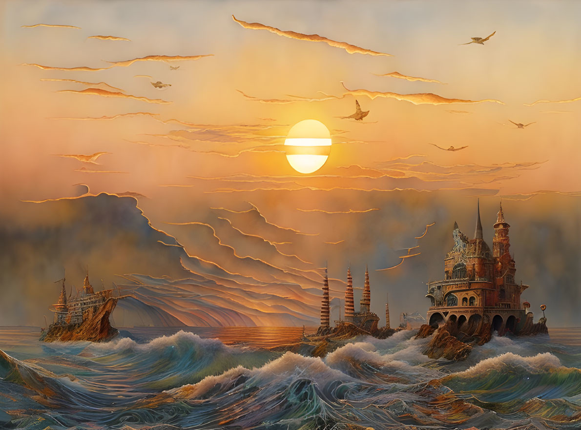 Sunset seascape with ship, castle, and turbulent waters