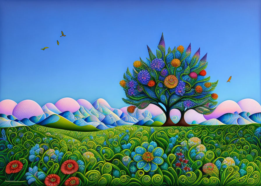 Vibrant landscape with colorful tree, patterned hills, and stylized flowers