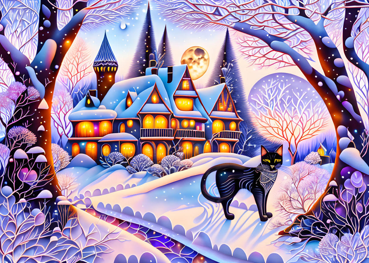 Whimsical winter scene with black cat, cozy house, snowy landscape, bare trees, and two