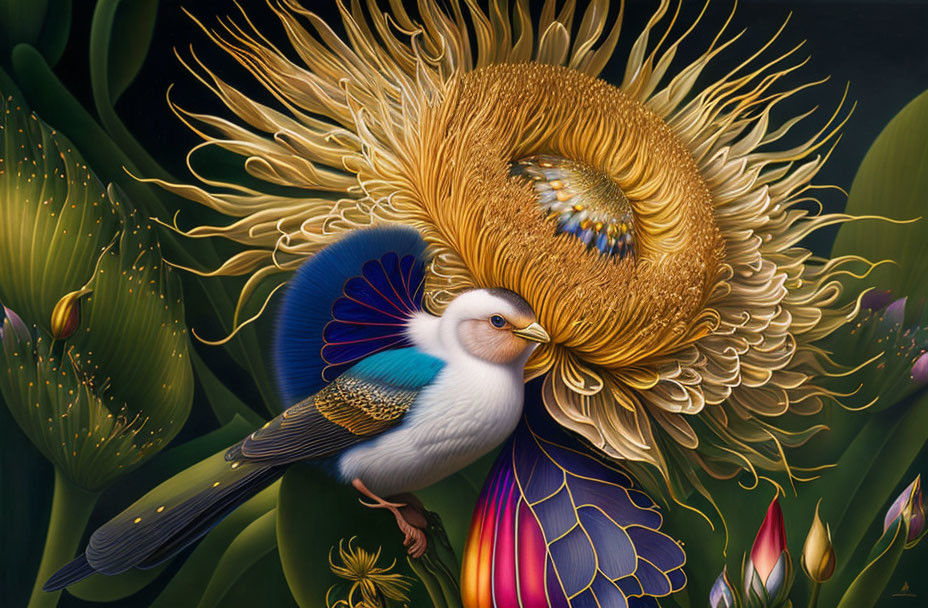 Colorful Stylized Bird Illustration in Lush Fantasy Flora