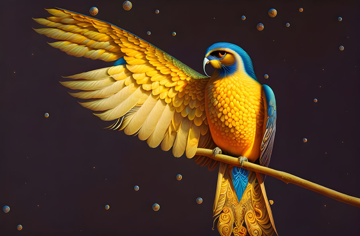 Colorful stylized bird illustration with golden-yellow feathers and outspread wings on a branch against a dark