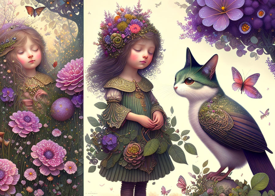 Whimsical Artworks: Two Girls, Cat, Floral Headdresses